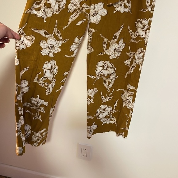 ZARA Paper Bag Waist Floral Pants Medium Tie Mustard Yellow Linen Straight - Picture 5 of 14